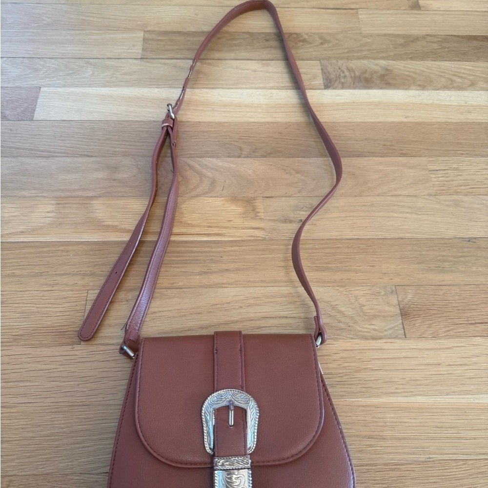 Vintage Style Western Buckle Crossbody Bag - Brown Faux Leather Y2K Boho - Picture 5 of 10